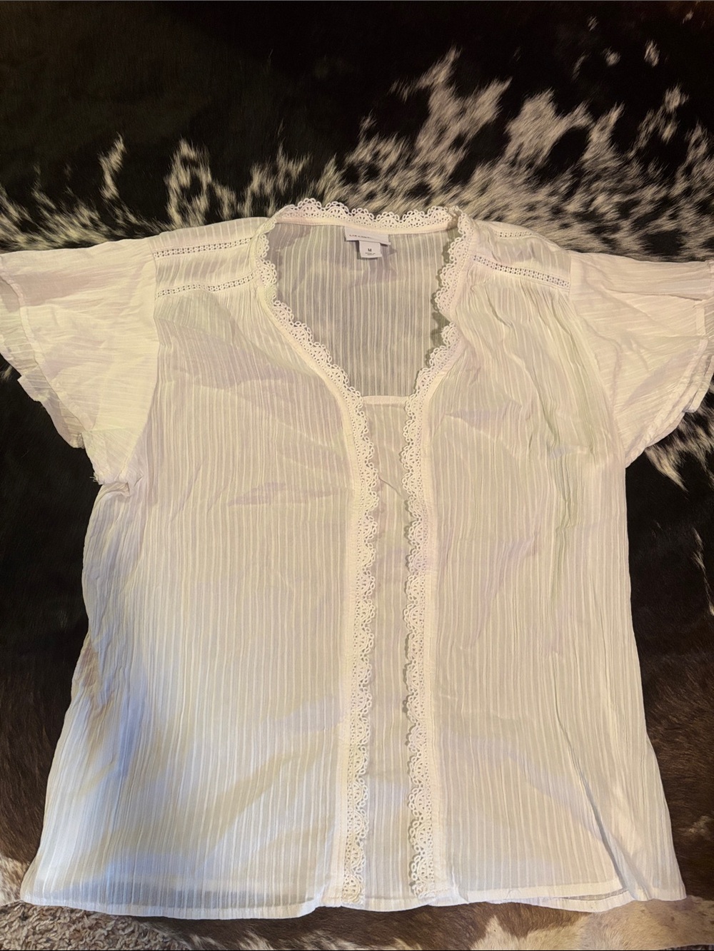 Liz Claiborne White Lace-Trim Blouse 100% Cotton